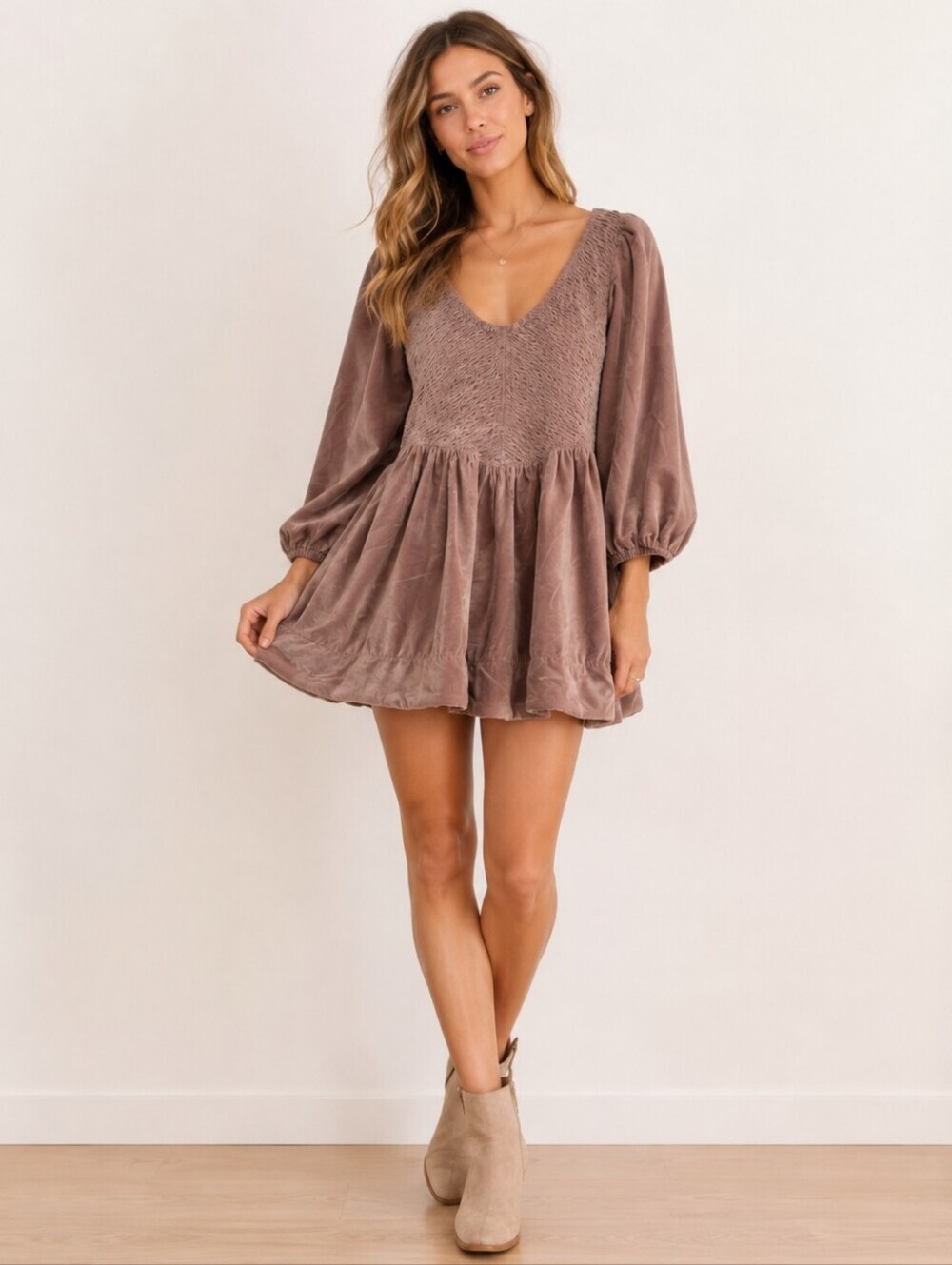 NWT Free People Farrier Velvet Mauve Smocked Babydoll Mini Dress Sz S Boho